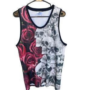 Skull & Roses Mens Mesh Tank Top Medium Y2K Hipster Streetwear Rock & Roll‎
